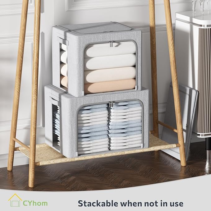 CYhom 4 Pack Clothes Storage Bins with Metal Frame - Linen Fabric Foldable Stackable Container Organizer Set with Clear Windo