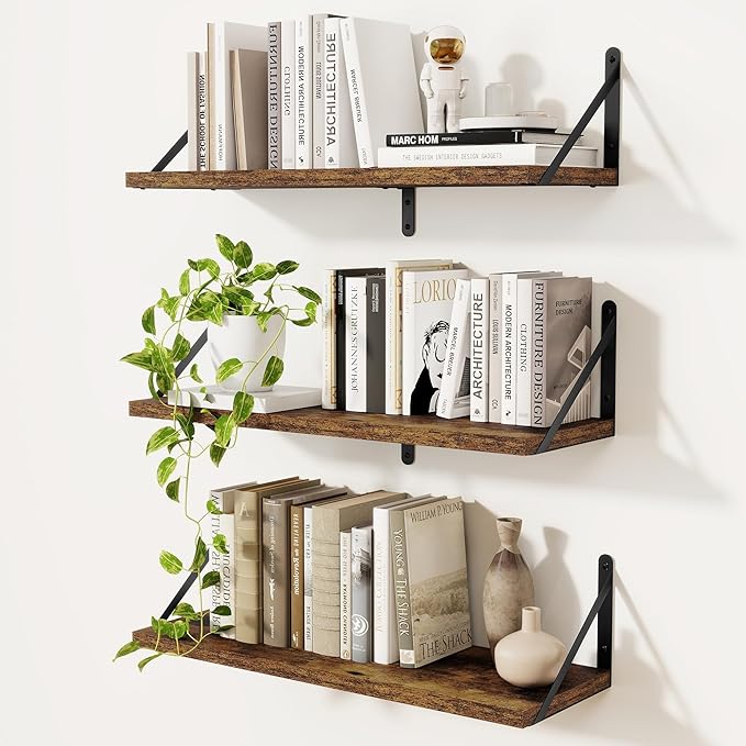 Floating Shelves, Wall Book Shelf with Brackets, 24 inch Wall Shelves Set of 3, Particle Board Wooden Shelf for Kitchen, Bath