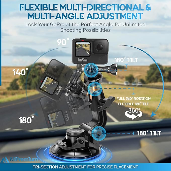 MiPremium Car Suction Cup Mount for GoPro Hero 13 12 11 10 9 8 7 6 5 4 3 3+ 2 Session Black Silver XIAOYI 4K SJCAM Yi Sports Action Camera Dash Cam holder perfect for Boats Vehicle Windshield & Window