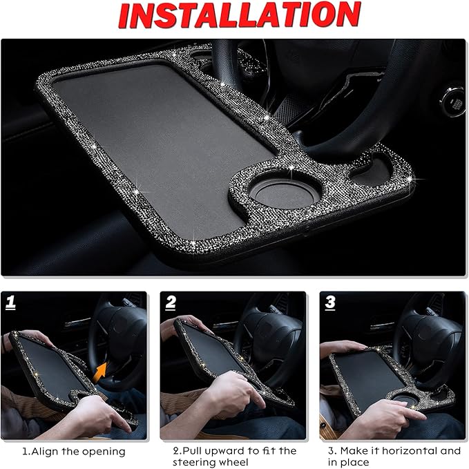 eing Bling Auto Steering Wheel Desk, Laptop,Tablet, Notebook Car Travel Table, Food Eating Hook On Steering Wheel Tray, for Constant Travelers, Fits Most Vehicles Steering Wheels,Black