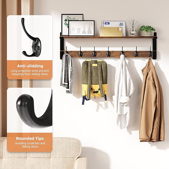 Oraich Wall Hooks with Shelf, 28.7 Inch Coat Rack Wall Mount with Hook for Coat Backpack Key Clothes Hanger, Wall Floating Sh