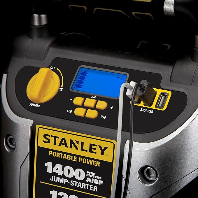 Stanley J7C09D 1400 Peak Amp Automotive Jump Starter, Portable Power - Triple 15W USB Ports, 120 PSI Air Compressor for