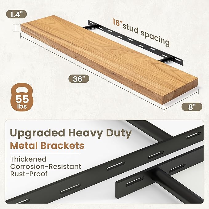 Fun Memories Solid Elm Wood Floating Shelves Set of 2-36 Inch Rustic Wall Shelves with Heavy-Duty Invisible Brackets - for Li