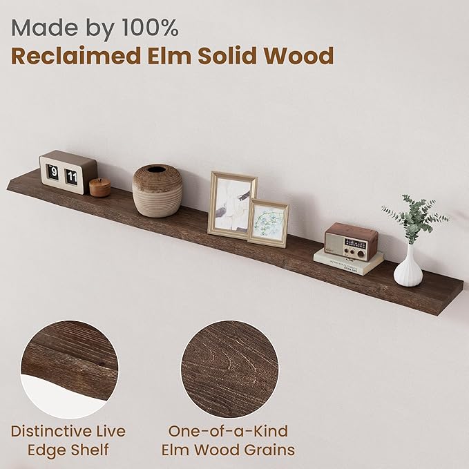 Floating Shelves for Wall Decor, Rustic Solid Elm Wood Live Edge Floating Shelves Wall Mounted, Wall Shelves with Invisible B