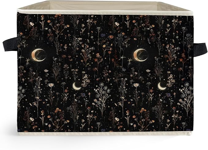 Dark Witchy Moon Floral Storage Box Bins, Mystical Gothic Wildflower Botanical Collapsible Storage Basket Organizer for Bedro