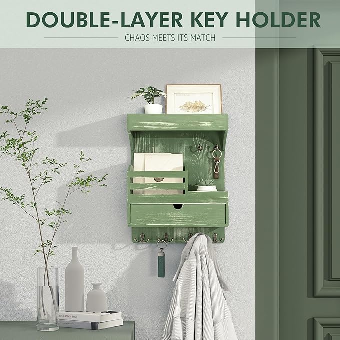 Rebee Vision Pine Wood Key Holder Wall Mount with Small Drawer Organizer - Farmhouse Key Holder for Wall with 6 Sturdy Hooks 