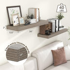 Deep Floating Shelves | 36 Inch Grey Floating Shelves Set of 2 | 12 Inch Deep Rustic Wood Shelves for Wall | 36" W x 12" D Gr