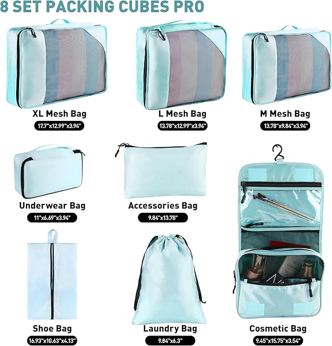 Toncoke 8-Piece Packing Cubes for Travel, 2026 Upgraded Durable Zippers & Reinforced Mesh, Complete Luggage Organizer Set wit