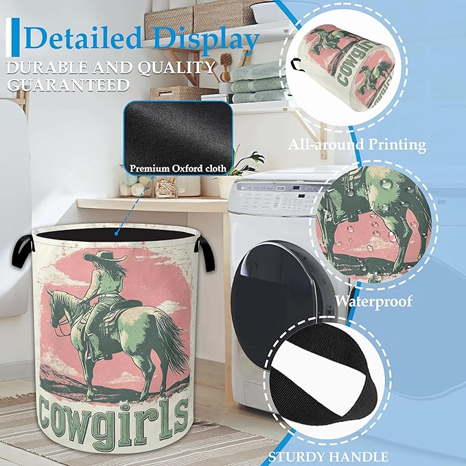 Vintage Cowgirl Laundry Basket Collapsible Laundry Hamper, Oxford Cloth Storage Bin for Room/Bathroom/Bedroom/Dormitories 16"