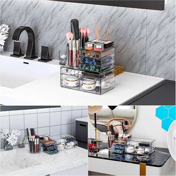 Clear Acrylic Makeup Organizers for Vanity,Countertop,3 Pack Make up Drawer Organizer With Makeup Brush Holder,Plastic Skinca
