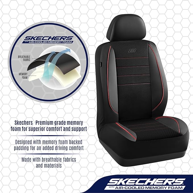 Skechers Air-Cooled Memory Foam Seat Covers,Thick Car Seat Covers,Leather Piping Car Seat Covers Front Seats,Airbag Compatibl