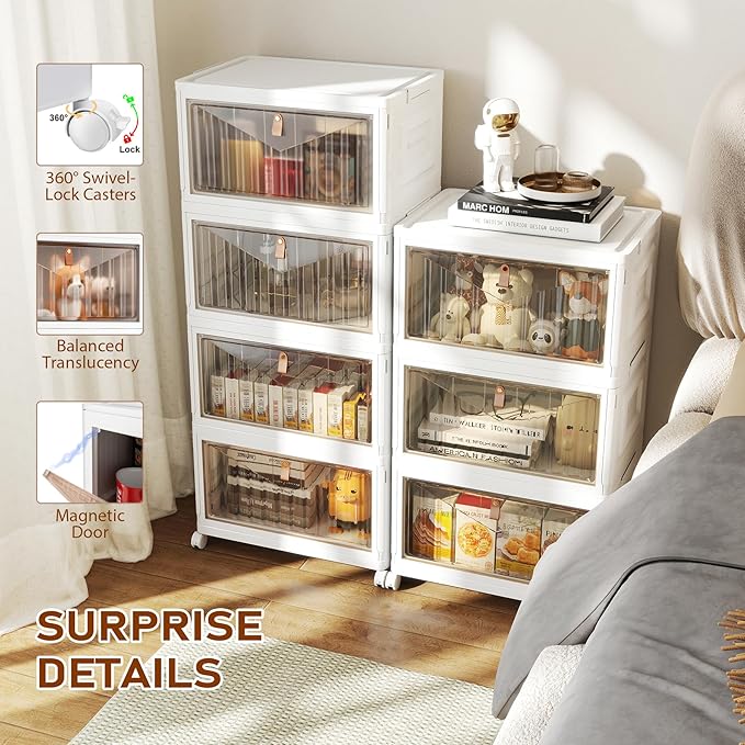 4 Tier Storage Bins with Lids, 23QT Stackable Closet Organizers and Storage with Wheels, Collapsible Storage Boxes, Foldable 