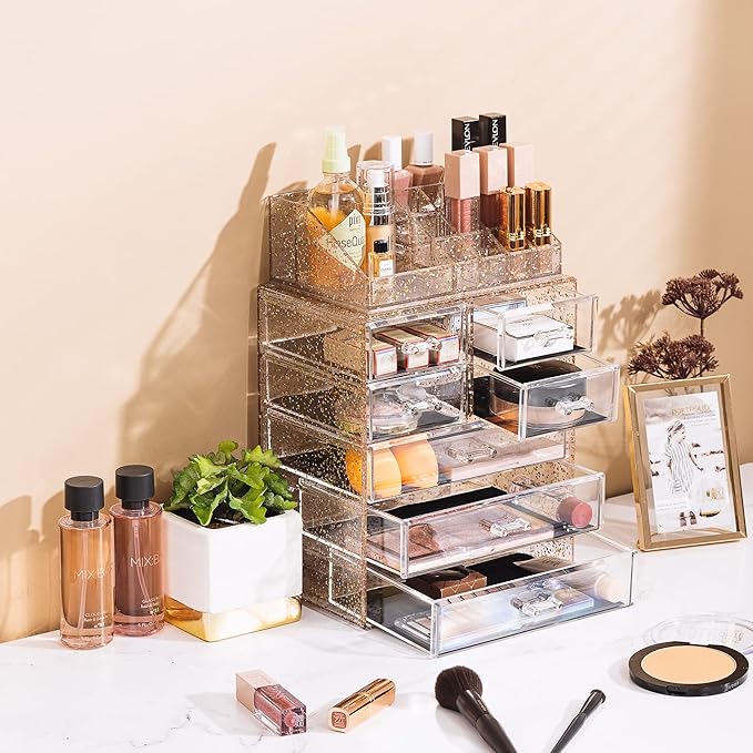 Sorbus Acrylic Makeup Organizer Set, 7-Drawer Vanity & Countertop Cosmetic Storage with Small & Wide Compartments, Glitter Ma
