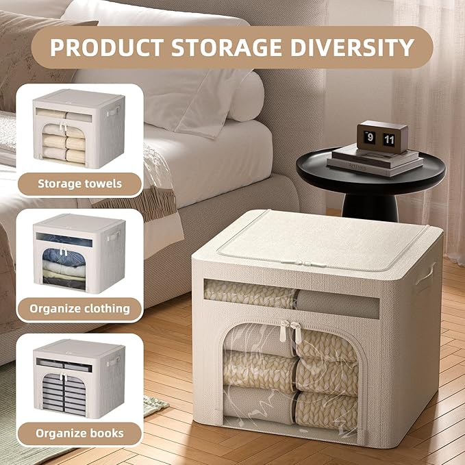 FHSQX 6 Pack Foldable Storage Bins for Clothes Clothes Storage Bins with Metal Frame Stackable Storage Box with Lid (Cream Wh