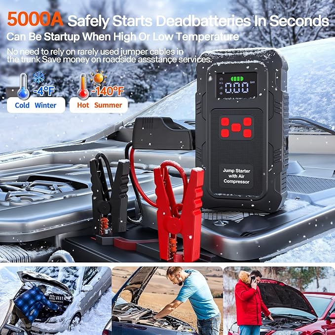5000A Jump Starter with Air Compressor,A1 Car Jumper Starter with 150PSI Tire Inflator 12V Jump Box with LCD