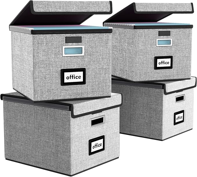 Huolewa Portable File Organizer Boxes Set of 4, Large Linen Hanging Office Document Storage Boxes with Lids, Collapsible Fili