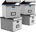 Huolewa Portable File Organizer Boxes Set of 4, Large Linen Hanging Office Document Storage Boxes with Lids, Collapsible Fili