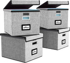 Huolewa Portable File Organizer Boxes Set of 4, Large Linen Hanging Office Document Storage Boxes with Lids, Collapsible Fili