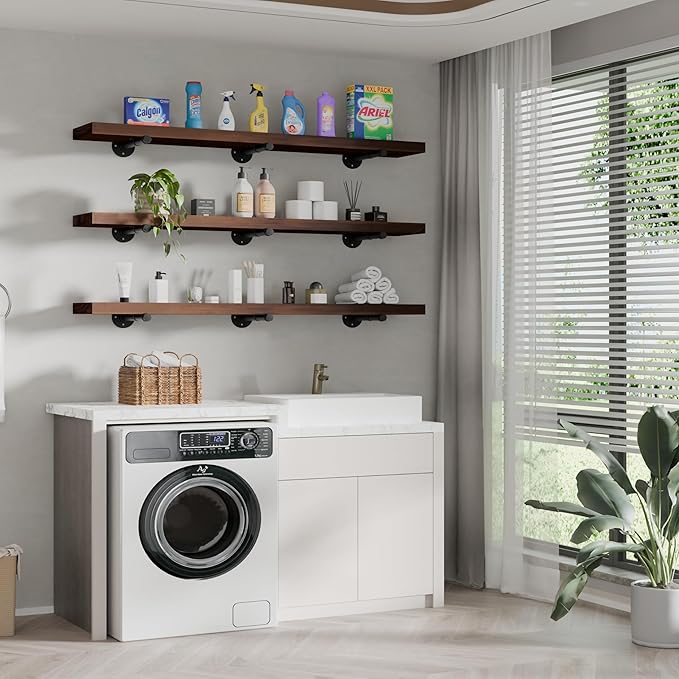 Industrial Pipe Wall Wood Shelves,Real Wooden Shelves 48" in Walnut Color with 1.2" Extra Thick, Modern Floating Shevles Book