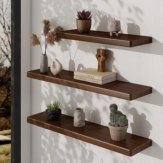 24" Rustic Walnut Wood Floating Shelves, 8 Inch Deep Wall Shelves for Home Decor, Wall Mounted Floating Shelf with Invisible 
