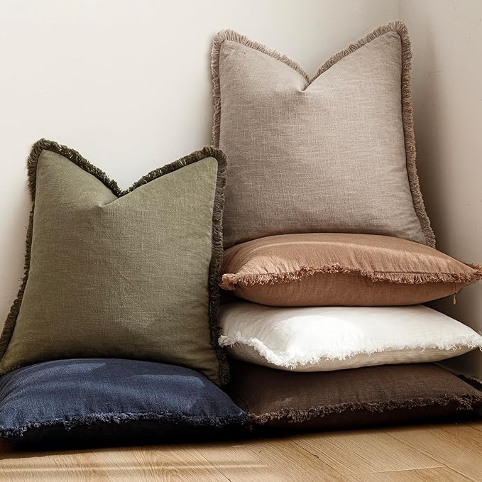 Foindtower Set of 2 Decorative Linen Fringe Throw Pillow Covers Farmhouse Cushion Cover with Tassels Soft Accent Pillowcase f