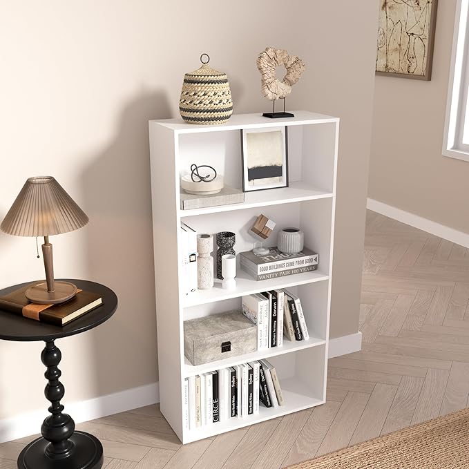 Wooden 4 Tier Book Shelf，4 Cube Storage Organizer, 44 Inch Versatile Cubes Shelf and Cubby Unit for Any Space (White, 4 Cube-