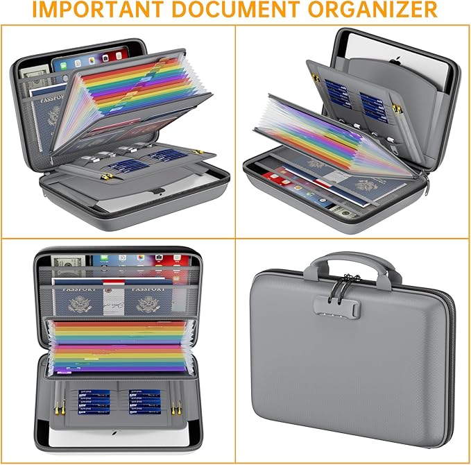 DocSafe Fireproof File Organizer with Lock, Hard-Shell Case Fireproof Document Box with 13 Pocket Accordion File Folder, Port