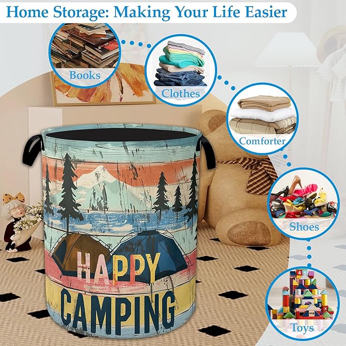 Happy Camping Laundry Basket Collapsible Laundry Hamper, Oxford Cloth Storage Bin for Room/Bathroom/Bedroom/Dormitories 16" X