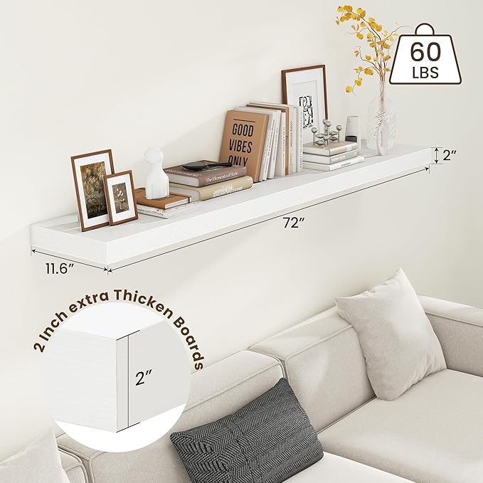 72 Inch White Floating Shelf | 12 Inch Deep Floating Shelves Set of 1 | 72" D x 12" D Rustic Wood Shelves for Wall | Deep Whi