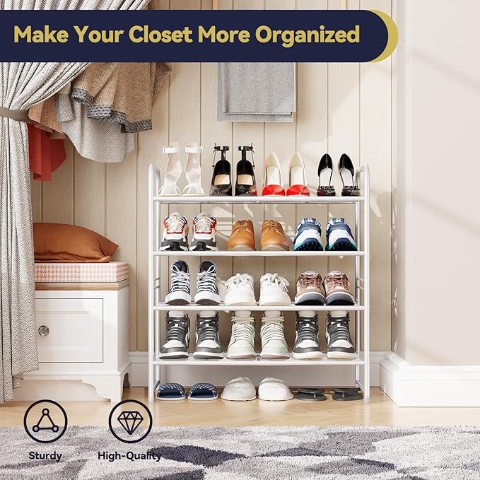 Shoe Rack Metal, Closet Shoe Organizer 4 Tier, Stackable & Adjustable, White