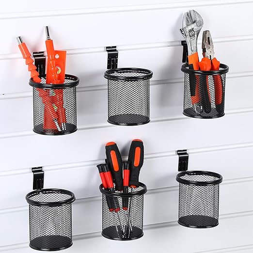 Colingmill 6 Set Slatwall Cups with Hook Black Metal Slatwall Organizer Accessories Slat Wall Basket Bin Pencil Mesh Wire Hol