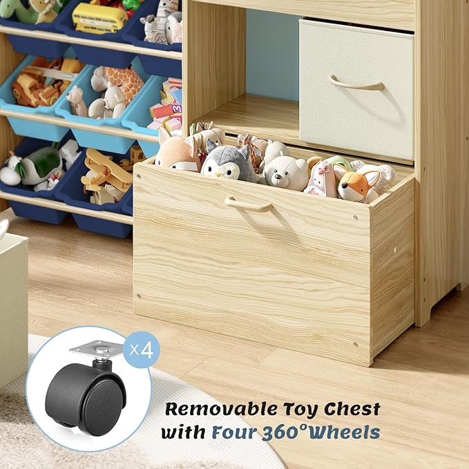 EXPERLAM Toy Storage Organizer for Kids, 9-Bin Toy Organizer with 2-Drawers,Movable Toy Chest and Top Rack, Kids Bookshelf an