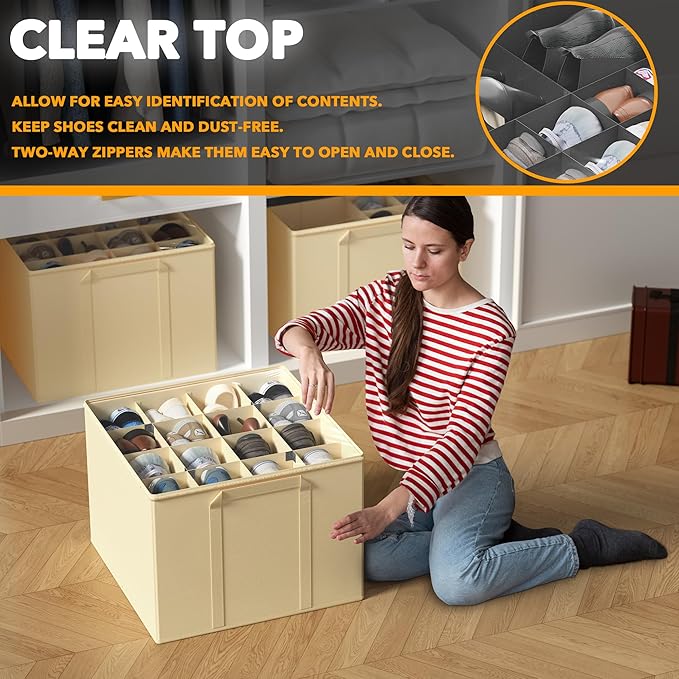 SpaceAid Shoe Organizer for Closet, 2 Pack Foldable Shoe Storage Containers Baskets Boxes Bins w/Adjustable Dividers, Fits 16