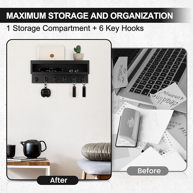 Key and Mail Holder Wall Mount, Key Hanger with Long Storage Box and 6 Hooks for Coat, Dog Leash, Home Decor Rack, House Acce
