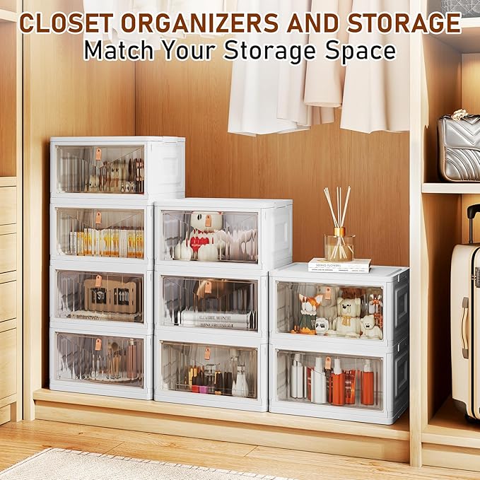 4 Tier Storage Bins with Lids, 23QT Stackable Closet Organizers and Storage with Wheels, Collapsible Storage Boxes, Foldable 