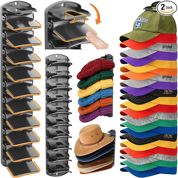 Spring Clip Hat Organizer Hold Storage 40 Caps for Baseball Caps（2-Pack） Wall Mount Closet & Door Hat Rack Holder Hanging Clo