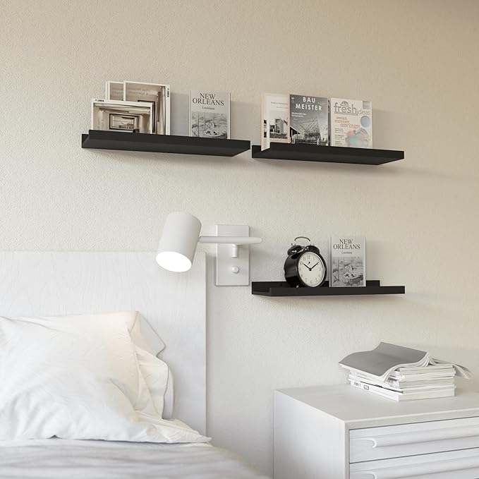 RICHER HOUSE 3 Set Floating Shelves for Wall, 16 inches Black Wall Mounted Shelves with Lip for Storage, Display Picture Ledg