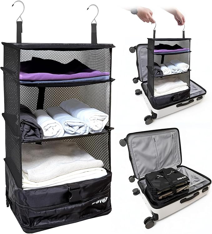 Grand Fusion Stow-N-Go Packing Organizer for Luggage, Portable Hanging Travel Shelves, Carry-On Closet, Hanging Packing Cubes