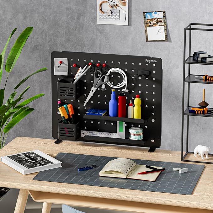 PEGZONE Clamp-on Desk Pegboard, Desk Organizer for Office Gaming Home, Magnetic Metal Peg Board with 15 Accessories, Privacy 