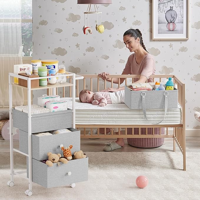 Modanais Baby Diaper Caddy Organizer Cart with Drawers - 3In1 Rolling Storage Cart with Wheels, Removable Diaper Caddy, Detac