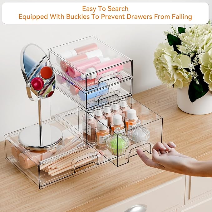 Yieach 4 Pack Clear Stackable Storage Drawers,Pull-Out Medicine Cabinet Organizer and Containers,Large Acrylic Organizers Dra