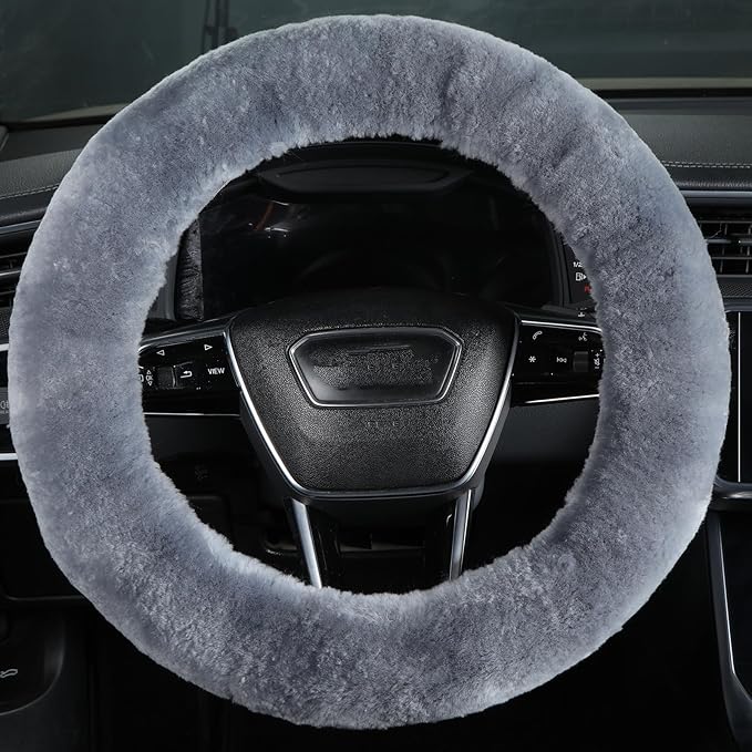 Fuzzy Wool Sheepskin car Steering Wheel Cover for Girls Women Men,Fluffy Soft Protector for Universal Steering Wheel 14 1/2-1