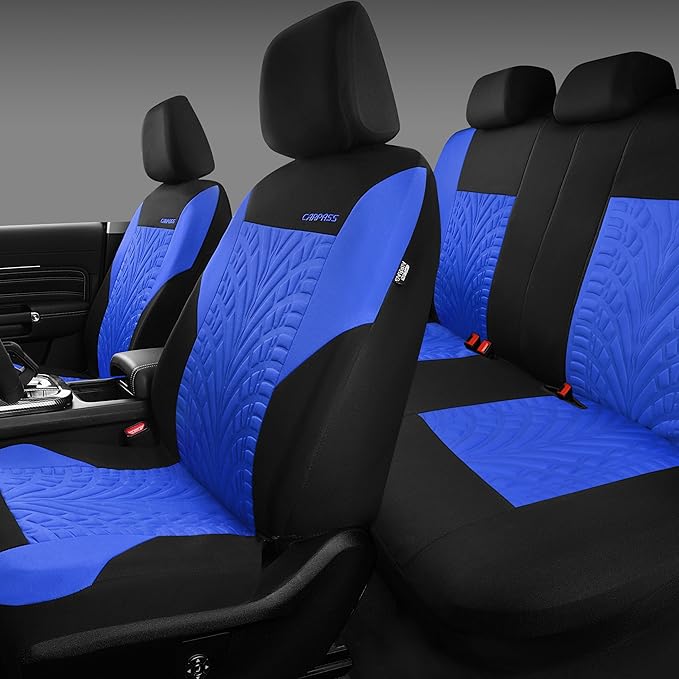 CAR PASS Car Seat Covers Full Sets, Front & Split Rear Bench for Car, 3D Tyre Embossed Automotive Interior Covers, Airbag Com