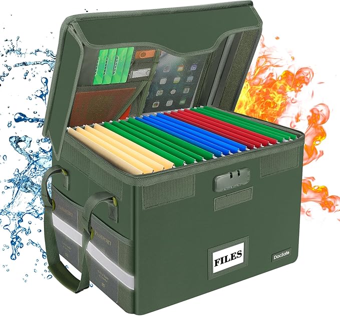 DocSafe Fireproof Document Box with Lock,File Storage Organizer with Mesh Pockets＆Lid,Collapsible Portable File Box Home Offi