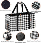 Extra Large Utility Tote Bag, Foldable Reusable Grocery Bags with Metal Wire Frame & Reinforced Bottom Board, Stand up Large Utility Tote for Groceries, Beach Bag, Laundry, Car (Cube Plaid)