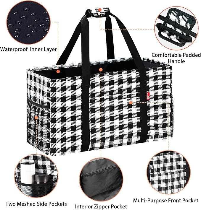 Extra Large Utility Tote Bag, Foldable Reusable Grocery Bags with Metal Wire Frame & Reinforced Bottom Board, Stand up Large Utility Tote for Groceries, Beach Bag, Laundry, Car (Cube Plaid)