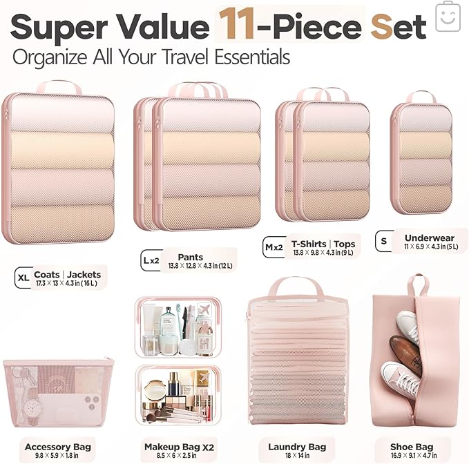 Veken 11 Set Compression Packing Cubes for Travel Essentials,Compressible Expandable Large Luggage Suitcase Organizer Bags fo