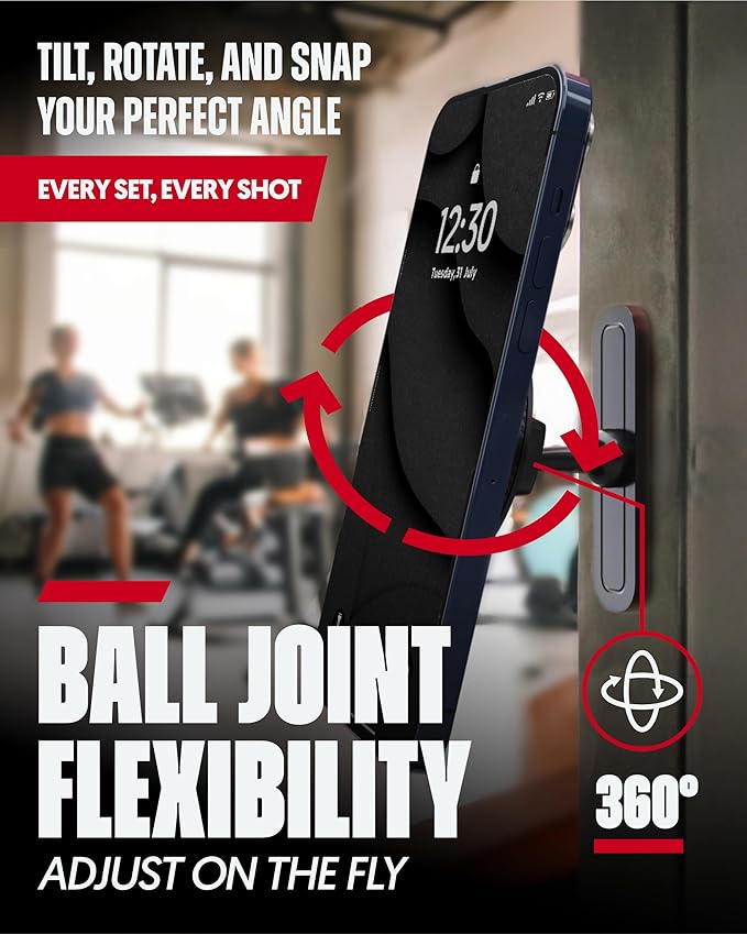 Magnetic Gym Phone Mount for MagSafe Accessories – Dual Magnet Stand for iPhone 17 and Android compatible with MagSafe Phone Stand with Alloy Base – Gym Essentials for Workouts Recording, Home, Garage