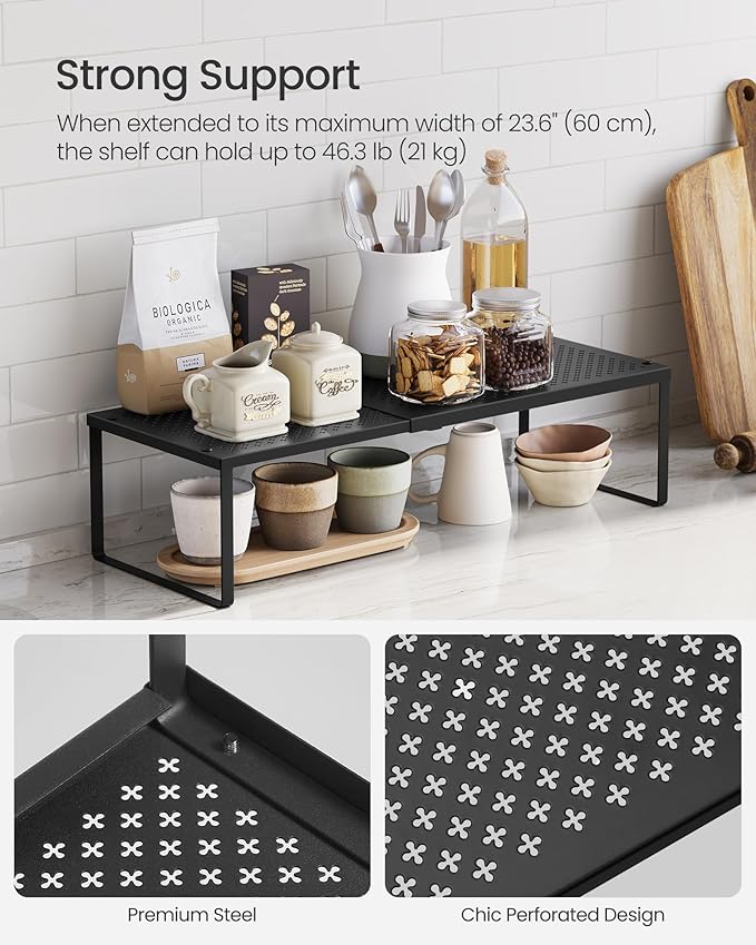 SONGMICS Spice Rack, Expandable Kitchen Countertop Shelf, Small Cupboard Organizer, Metal, Space-Saving Tabletop Shelf, Matte