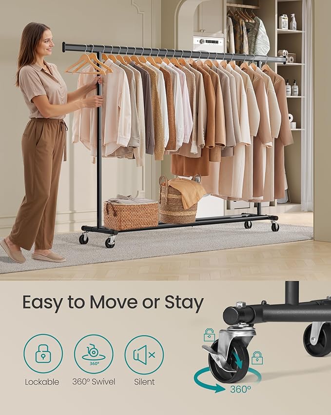 SONGMICS Clothes Rack with Wheels, Heavy-Duty Clothing Rack for Hanging Clothes, Portable, 17.7 x (63-78.7) x 63.6 Inches, wi